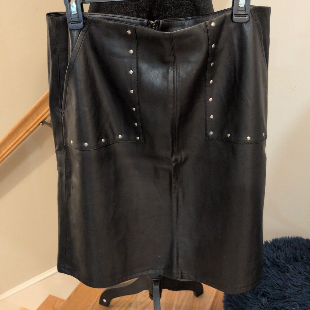 Catherine Malandrino Black Faux Leather Studded Pencil Skirt Size 12 High Waist